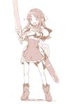  1girl akari_(raigou) alternate_hairstyle boots elf fang high_heel_boots high_heels highres holding holding_sword holding_weapon open_mouth original pointy_ears raigou sepia sheath solo sparkle sword thick_eyebrows unsheathed weapon 
