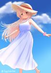  1girl absurdres alternate_costume artist_name bare_arms bare_shoulders barefoot blue_sky bow brown_eyes clouds commentary_request day dress feet_out_of_frame happyundergate hat hat_bow highres light_blush long_hair looking_at_viewer onii-chan_wa_oshimai! outdoors outstretched_arms oyama_mahiro pink_hair pink_scrunchie red_bow scrunchie sky sleeveless sleeveless_dress smile solo spread_arms straw_hat sundress twitter_username white_dress wrist_scrunchie 