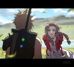  1boy 1girl aerith_gainsborough armor arms_behind_back artist_name black_border blonde_hair blurry blurry_foreground border braid braided_ponytail breasts brown_hair buster_sword choker cloud_strife cropped_jacket dress falling_petals final_fantasy final_fantasy_vii final_fantasy_vii_rebirth final_fantasy_vii_remake flower_choker green_eyes hair_ribbon highres jacket leaning_forward letterboxed looking_at_another materia medium_breasts nature noinoichebura outdoors parted_bangs parted_lips petals pink_dress pink_ribbon red_jacket ribbon short_hair shoulder_armor sidelocks single_bare_shoulder single_braid single_shoulder_pad smile spiky_hair twitter_username upper_body wavy_hair weapon weapon_on_back 