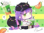  1girl ? baseball_cap bibi_(tokoyami_towa) black_choker black_footwear black_hat black_shorts center-flap_bangs chibi chibi_only choker colored_inner_hair commentary_request creature criss-cross_back-straps crop_top cropped_jacket cup demon_tail disposable_cup double-parted_bangs ear_piercing earclip fake_horns fishnet_thighhighs fishnets from_behind full_body green_eyes hair_ornament hairclip hat highres hololive horned_headwear horns hot jacket long_hair looking_back melon_soda momone_cco multicolored_hair oversized_food oversized_object piercing pink_hair pointy_ears purple_hair shoes shorts sidelocks signature sitting sneakers solo spike_piercing spoken_question_mark streaked_hair sweat tail tail_ornament tail_piercing thigh-highs thigh_strap tokoyami_towa tokoyami_towa_(1st_costume) twintails very_long_hair virtual_youtuber white_jacket 
