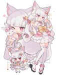  1girl :3 ;d animal_ear_fluff animal_ears blunt_bangs bow bright_pupils cat_ears cat_girl cat_tail chibi chibi_inset color_guide commission cross-shaped_pupils detached_sleeves fox_shadow_puppet frilled_skirt frilled_thighhighs frills full_body hair_bow hair_flaps hair_ribbon hands_up holding holding_stuffed_toy kasa_(hitori_sanka) knees_together_feet_apart layered_skirt long_hair looking_at_viewer low_twintails multiple_views okobo one_eye_closed open_mouth original pink_eyes pink_skirt ribbon sandals shirt simple_background skeb_commission skirt smile sparkle standing stuffed_animal stuffed_rabbit stuffed_toy symbol-shaped_pupils tail thigh-highs twintails white_background white_hair white_pupils white_shirt white_skirt white_thighhighs yellow_bow 