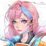  1girl absurdres blue_eyes blue_hair blue_jacket earpiece high_energy_heroes highres jacket light_smile looking_at_viewer mayfair_(high_energy_heroes) multicolored_hair pink_hair portrait red_lips short_hair solo streaked_hair watermark xiao_mingyan 