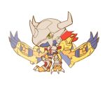  765_nanami absurdres armor chibi claw_(weapon) claws crotch_plate digimon digimon_(creature) dragon green_eyes helmet highres redhead shoulder_armor simple_background wargreymon weapon white_background yellow_armor 
