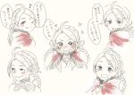  1girl ahoge braid capelet fire_emblem fire_emblem_fates hairband hood hood_down hooded_capelet low_twin_braids low_twintails multiple_views nina_(fire_emblem) parted_bangs red_capelet speech_bubble tefutene translation_request twin_braids twintails white_background white_hairband 