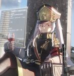  1girl alcohol altair_(re:creators) belt black_thighhighs blue_sky buttons chinese_commentary circuit_board_print clothing_request coat commentary_request crossed_legs cup drinking_glass eyelashes gauntlets gun hair_between_eyes hat highres holographic_interface long_hair looking_at_viewer looking_down military_uniform pillar ppsh-41 re:creators red_eyes red_wine shako_cap sitting sitting_on_throne sky solo submachine_gun thigh-highs throne uniform user_jsru8742 very_long_hair weapon white_hair wine wine_glass 