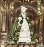  1girl artist_request blonde_hair blurry blurry_background bow bow_button bow_choker candle center_frills chandelier chinese_text choker commentary copyright_name dress dress_bow dress_flower drill_hair earrings english_commentary eyelashes flower folded_fan folding_fan frilled_dress frilled_sleeves frills full_body gold_earrings green_bow green_choker green_dress green_eyes hair_bun hair_flower hair_ornament hallway hand_fan holding holding_fan indoors jewelry lace-trimmed_bow lace_trim layered_dress leaf light_smile lipstick long_dress long_hair long_sleeves looking_at_viewer makeup miracle_nikki nikki_(series) official_art parted_lips pink_lips rose single_hair_bun sleeves_past_elbows solo stained_glass striped_bow third-party_source tile_floor tiles translation_request twin_drills white_bow white_dress white_flower white_rose wide_sleeves yellow_flower yellow_rose 
