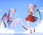  2girls absurdres ascot bat_wings blonde_hair blue_hair blue_sky crystal_wings dress flandre_scarlet hat hat_ribbon highres looking_at_viewer mary_janes multiple_girls nitronn_(nitrun) outdoors red_dress red_eyes red_ribbon remilia_scarlet ribbon shoes siblings sky thigh-highs touhou twins white_dress white_mob_cap white_thighhighs wings yellow_ascot 