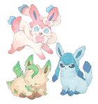  :3 animal_focus cleaning closed_eyes closed_mouth fluffy full_body glaceon highres leafeon licking looking_at_viewer lying newo_(shinra-p) no_humans open_mouth pokemon pokemon_(creature) simple_background sitting standing sylveon white_background 