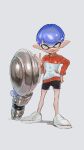 1boy absurdres bike_shorts blue_hair commentary_request full_body hand_on_own_hip hehewrite06 highres inkling inkling_boy inkling_player_character jacket male_focus multicolored_clothes multicolored_jacket nautilus_(splatoon) orange_jacket shoes short_hair simple_background smile solo splatoon_(series) splatoon_3 standing tentacle_hair two-tone_jacket white_background white_footwear white_jacket yellow_eyes 