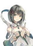  1girl closed_mouth commentary_request flute green_eyes grey_hair highres holding holding_flute holding_instrument instrument looking_at_viewer medium_hair miyabi_(xenoblade) natsuyuki simple_background smile solo upper_body white_background wide_sleeves xenoblade_chronicles_(series) xenoblade_chronicles_3 