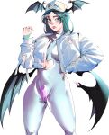  1girl absurdres animal_print baseball_cap bat_wings bodysuit breasts cameltoe clothing_cutout demon_girl demon_wings green_eyes green_hair green_nails hand_on_own_hip hat head_wings heart_cutout highres jacket jobin_chan long_hair long_sleeves looking_at_viewer low_wings medium_breasts morrigan_aensland non-web_source parted_lips simple_background skin_tight smile solo vampire_(game) white_background white_jacket wings 