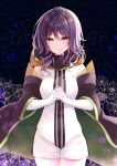  1girl breasts closed_mouth elbow_gloves gina_(gnosia) gloves gnosia hair_between_eyes highres hood hoodie long_hair looking_at_viewer purple_hair rocomani short_hair simple_background solo turtleneck wavy_hair white_background yellow_eyes 