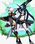  2girls absurdres black_bodysuit black_hair black_jacket black_rock_shooter black_rock_shooter_(character) black_shorts blue_eyes bodysuit breasts covered_navel cropped_jacket crossover drill_hair flaming_eye grey_bodysuit grey_hair hair_between_eyes highres holding_cannon huge_weapon impossible_bodysuit impossible_clothes jacket karenina:_ember_(machina)_(punishing:_gray_raven) karenina_(punishing:_gray_raven) long_hair mechanical_arms mechanical_legs medium_breasts mu_mi multiple_girls navel open_clothes open_jacket orange_bodysuit orange_eyes pale_skin punishing:_gray_raven shorts sidelocks twin_drills twintails uneven_twintails very_long_hair weapon 