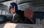  2girls back-to-back black_jacket blue_eyes blue_hair booth_seating closed_eyes closed_mouth colored_inner_hair drink from_side hair_over_shoulder highres indoors isshiki_(ffmania7) jacket kaf_(kamitsubaki_studio) kamitsubaki_studio leaning_on_person long_hair looking_back medium_hair multicolored_eyes multicolored_hair multiple_girls pink_hair profile red_eyes redhead restaurant rim_(kamitsubaki_studio) sidelocks sitting smile table virtual_youtuber yellow_pupils 