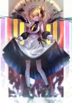  1girl absurdres apron blonde_hair clothes_lift flandre_scarlet hair_ribbon highres maid maid_apron maid_day maid_headdress necktie open_mouth red_ribbon ribbon side_ponytail skirt skirt_lift solo sparkle touhou user_sxyv2257 yellow_necktie 