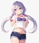  1girl :o blue_shorts breasts cowboy_shot denim denim_shorts hair_between_eyes hands_on_own_chest hands_up highres light_blush long_hair looking_at_viewer low_twintails medium_breasts midriff navel open_clothes open_fly open_shorts original paid_reward_available purple_hair red_trim shirt short_shorts short_sleeves shorts shorts_rolled_up simple_background solo stomach twintails violet_eyes white_background white_shirt yuna_rebun 