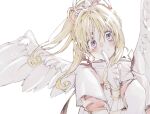 1girl angel_wings blonde_hair blush commentary_request feathered_wings finger_to_mouth forehead_jewel gloves high_ponytail highres kaitou_jeanne kamikaze_kaitou_jeanne long_hair looking_at_viewer magical_girl shirt simple_background solo takeuchi_(a3) violet_eyes white_background white_gloves white_shirt white_wings wings 