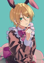  1boy absurdres animal_ears aqua_background back_bow bishounen black_sweater blonde_hair bow bowtie cherry circle_skirt earrings ensemble_stars! eyes_visible_through_hair fake_animal_ears food frilled_shirt_collar frills fruit green_eyes hair_between_eyes hair_over_one_eye hand_up heidbd highres holding holding_food holding_fruit jewelry long_sleeves male_focus pantyhose parted_lips pearl_earrings peter_pan_collar pink_bow puffy_long_sleeves puffy_sleeves rabbit_ears shiratori_aira_(ensemble_stars!) short_hair shorts sideways_glance simple_background single_floppy_ear sleeve_cuffs solo split_mouth sweater swept_bangs upper_body 