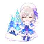  1girl anastasia_(idolmaster) annindoufu_(oicon) blue_coat boots castle chibi closed_eyes coat commentary_request facing_viewer fur-trimmed_coat fur_trim grey_hair hat highres idolmaster idolmaster_cinderella_girls mittens open_mouth short_hair smile solo winter_clothes 