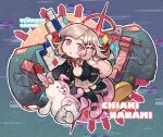 1girl 9twoeight backpack bag blinky_(pac-man) blush chibi commission danganronpa_(series) handheld_game_console highres inky_(pac-man) long_sleeves looking_at_viewer nanami_chiaki open_mouth pac-man pac-man_(game) pink_eyes pink_footwear pink_hair pinky_(pac-man) playstation_portable pleated_skirt short_hair skirt solo tetris 