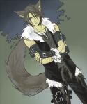  1boy alternate_costume animal_ears arm_strap black_gloves black_pants blue_eyes brown_fur brown_hair brown_shirt commentary_request dated_commentary dutch_angle expressionless final_fantasy final_fantasy_viii fingerless_gloves foliage fur-trimmed_gloves fur-trimmed_vest fur_trim gloves halloween hinokami kemonomimi_mode layered_shirt looking_to_the_side male_focus night outdoors pants scar scar_on_face shirt short_hair solo squall_leonhart tail thigh_strap torn_clothes torn_shirt upper_body vest white_fur white_shirt wolf_boy wolf_ears wolf_tail 