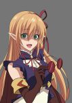  1girl absurdres arisa_(shadowverse) blonde_hair bow bowtie corruption cygames elbow_gloves elf glasses gloves green_eyes grey_background hair_ribbon highres holding holding_removed_eyewear iceschillendrig long_hair looking_at_viewer open_mouth pointy_ears possessed red-framed_eyewear ribbon round_eyewear shadowverse smile spoilers unworn_eyewear wa_muhamu 