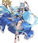  1girl attack axe azura_(fire_emblem) azura_(song&#039;s_reflection)_(fire_emblem) barefoot black_gloves blue_cape blue_hair blue_sash cape corrin_(female)_(fire_emblem) corrin_(female)_(fire_emblem)_(cosplay) corrin_(fire_emblem) cosplay dragon_horns fake_horns fingerless_gloves fire_emblem fire_emblem_fates fire_emblem_heroes gloves headdress highres holding holding_axe horns lace-trimmed_cape long_hair non-web_source official_alternate_costume official_art sash single_leg_pantyhose solo thighlet v-shaped_eyebrows very_long_hair waist_cape yellow_eyes 