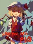  1girl absurdres blonde_hair blue_background cowboy_shot crystal_wings english_text flandre_scarlet frills glowing glowing_eyes gun hat hat_ribbon highres looking_at_viewer mey24k necktie open_mouth puffy_short_sleeves puffy_sleeves red_eyes ribbon shadow short_sleeves simple_background solo touhou weapon white_mob_cap yellow_necktie 
