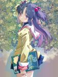  1girl akayama_yukihe blue_skirt book clannad expressionless hair_flowing_over highres hikarizaka_private_high_school_uniform holding holding_book ichinose_kotomi jacket looking_at_viewer looking_to_the_side purple_hair school_uniform skirt solo violet_eyes yellow_jacket 