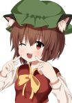  1girl ;3 ;d absurdres animal_ear_fluff animal_ears blush bow bowtie breasts brown_eyes brown_hair cat_ears chen commentary_request fang fingers_to_cheeks gold_trim hair_between_eyes hands_up happy hat highres long_sleeves looking_at_viewer mob_cap naganegi_(yvee2588) one_eye_closed open_mouth red_vest short_hair simple_background small_breasts smile solo touhou upper_body vest white_background yellow_bow yellow_bowtie 