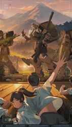  1boy 1girl 2others ambiguous_gender armored_vehicle bloodhound_(gundam) brown_hair green_eyes ground_gm gun gundam highres looking_at_viewer mecha mobile_suit mountain multiple_others out_of_frame ponytail rifle robot running shield shirt sunset viewfinder walking watermelonsfw waving weapon white_shirt 