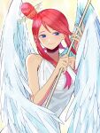  1girl alternate_costume angel angel_wings bare_shoulders blue_eyes dress feathered_wings halo highres holding holding_staff kana_(kanna_runa0620) long_hair long_sidelocks looking_at_viewer one_side_up pokemon pokemon_bw redhead short_hair_with_long_locks skyla_(pokemon) sleeveless sleeveless_dress solo staff white_dress white_wings wings 