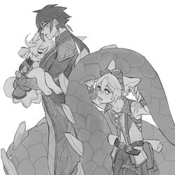  1girl 2boys animal_ears bennett_(genshin_impact) carrying cat_boy cat_ears commentary dragon_boy dragon_tail genshin_impact goggles goggles_on_head greyscale klee_(genshin_impact) long_hair looking_at_another low_ponytail monochrome monster_girl multiple_boys princess_carry rabbit_ears rabbit_girl rabbit_tail rouwan shirt short_hair simple_background sleeveless sleeveless_shirt slit_pupils symbol-only_commentary tail very_long_tail white_background zhongli_(genshin_impact) 