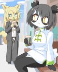  2girls :t animal_ears bench black_hair blonde_hair blue_eyes blue_sky breasts bubble_tea buttons closed_mouth clouds collared_shirt colored_skin commentary_request day dog_ears dog_girl dog_tail dress drinking_straw drinking_straw_in_mouth full_body lets0020 long_hair long_sleeves looking_at_viewer medium_bangs medium_breasts multiple_girls office_lady on_bench original outdoors panda_ears panda_girl panda_tail shirt short_dress short_hair sitting sky smile standing tail white_dress white_shirt yellow_eyes yellow_skin 