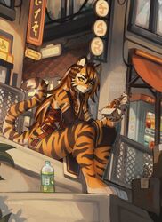  1girl anhmaru animal_ears animal_hands artist_name awning belt black_hair black_sleeves black_vest box braid brown_hair cardboard_box chopsticks clip_studio_paint_(medium) commentary commission detached_sleeves fence furry furry_female highres holding holding_chopsticks long_hair looking_at_viewer making-of_available multicolored_hair neon_sign orange_hair original outdoors parted_lips plastic_bottle red_belt sitting solo streaked_hair striped_fur symbol-only_commentary tail takeout_container tiger_ears tiger_girl tiger_tail vending_machine vest white_hair 