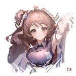  1girl ahoge animal_ears arknights armpits blush brown_hair chinese_commentary closed_mouth collared_shirt commentary_request cropped_torso eyjafjalla_(arknights) eyjafjalla_the_hvit_aska_(arknights) grey_horns horns long_hair looking_at_viewer pink_eyes purple_shirt shirt simple_background sketch sleeveless sleeveless_shirt smile solo split_mouth white_background wo_yao_dang_xiongmao 