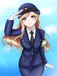 1girl blue_shirt blue_skirt long_hair necktie original pencil_skirt police police_uniform policewoman white_shirt