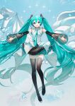  1girl :d absurdly_long_hair absurdres black_footwear black_skirt black_sleeves blue_background blue_eyes blue_hair blue_necktie boots detached_sleeves floating_hair full_body hair_between_eyes hair_ornament hatsune_miku hatsune_miku_happy_16th_birthday_-dear_creators- headphones headset highres layered_skirt long_hair long_sleeves looking_at_viewer microphone miku_day miniskirt necktie open_mouth pleated_skirt rumoon see-through see-through_sleeves shirt skirt sleeveless sleeveless_shirt smile solo thigh_boots twintails very_long_hair vocaloid white_shirt zettai_ryouiki 