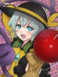  1girl :d black_hat blue_eyes blush bright_pupils buttons checkered_background commentary_request diamond_button eyelashes foreshortening frilled_shirt_collar frilled_sleeves frills grey_hair hair_between_eyes happy hat hat_ribbon highres kendama koishi_day komeiji_koishi long_sleeves looking_at_viewer luke_(kyeftss) open_mouth outstretched_arm ribbon shirt short_hair simple_background smile solo third_eye touhou upper_body wide_sleeves yellow_ribbon yellow_shirt 