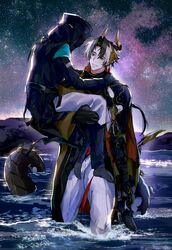  1boy 1girl absurdres arknights black_coat black_hair brown_hair carrying child_carry chong_yue_(arknights) coat doctor_(arknights) dragon_boy dragon_horns dragon_tail earrings female_doctor_(arknights) full_body grey_hair grin hetero highres hood hood_up horns jewelry long_hair long_sleeves looking_at_another low_ponytail multicolored_hair night night_sky outdoors pointy_ears red_eyes sky slit_pupils smile star_(sky) starry_sky streaked_hair tail very_long_tail wading walhee221 walking water 