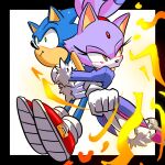  1boy 1girl blaze_the_cat blue_fur blush eyelashes fire forehead_jewel fur-trimmed_gloves fur_trim furry furry_female furry_male gloves green_eyes highres hug hug_from_behind im_lazy_sheck_lol jacket pants pink_footwear purple_fur purple_jacket red_footwear simple_background sonic_(series) sonic_the_hedgehog topknot white_gloves white_pants yellow_eyes 