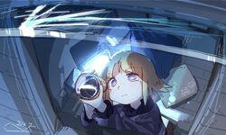  1girl bed bedroom blonde_hair crt fisheye flipped_hair from_above highres holding holding_telescope long_sleeves looking_outside night paper purple_hair short_hair sidelocks solo suikatabetaiii sweater telescope turtleneck turtleneck_sweater urotsuki window yume_2kki 