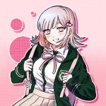  1girl backpack bag blush breasts brown_skirt collared_shirt cowboy_shot danganronpa_(series) danganronpa_2:_goodbye_despair flipped_hair green_jacket green_shirt grin highres jacket kkokko_(wkdcjfwhdk) large_breasts long_sleeves medium_hair multicolored_background nanami_chiaki open_clothes open_jacket pink_background pink_bag pink_eyes shirt shirt_tucked_in skirt smile solo spaceship_hair_ornament teeth two-tone_shirt 