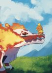  black_sclera blue_sky chufflepop closed_eyes clouds colored_sclera english_commentary fire grass highres looking_at_another no_humans on_grass open_mouth outdoors pokemon pokemon_(creature) skeledirge sky torchic yellow_eyes 