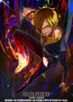  1boy blonde_hair cigarette commentary_request copyright_name curly_eyebrows facial_hair fire full_body goatee hair_over_one_eye highres holding holding_cigarette incoming_attack looking_at_viewer male_focus official_art one_piece ryudaman sanji_(one_piece) shirt short_hair solo suit yellow_shirt 
