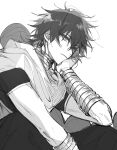  1boy bishounen black_hair closed_mouth from_side greyscale highres jewelry judal long_hair looking_ahead magi_the_labyrinth_of_magic male_focus monochrome multiple_bracelets neck_ring sitting solo umenoume 