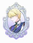 1boy blonde_hair blue_eyes chester_stoddart eien_galaxy_ko gem hair_between_eyes highres jewelry looking_at_viewer parted_lips picture_frame portrait red_gemstone short_hair simple_background solo upper_body white_background ys ys_iii_wanderers_of_ys 