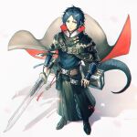  1boy absurdres arknights armor black_cape black_footwear black_skirt blue_hair blue_shirt blue_tail cape chinese_clothes chromatic_aberration clishee commentary dragon_boy dragon_tail full_body grey_eyes high_collar highres holding holding_sword holding_weapon male_focus parted_lips pointy_ears red_cape shirt shoes short_hair skirt solo standing sword tail two-sided_cape two-sided_fabric vambraces weapon zuo_le_(arknights) 