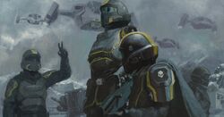  1girl 3others absurdres aircraft anti-aircraft_gun armor assault_rifle beret breastplate cape gun hand_on_own_hip hat helldiver_(helldivers) helldivers_(series) helmet highres impasto liberator_(helldivers) looking_at_another multiple_others painterly pelican_(helldivers) red_beret rifle shoulder_armor skull v vtol weapon xianggang_jizhe 