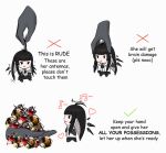  1girl arknights black_hair checkmark chibi detached_wings disembodied_hand energy_wings english_commentary english_text heart how_to_hold_x_(meme) kazoo_00 lifting_person long_hair meme mini_person minigirl mole mole_under_eye multiple_views musical_note orundum_(arknights) simple_background very_long_hair virtuosa_(arknights) white_background wings x 